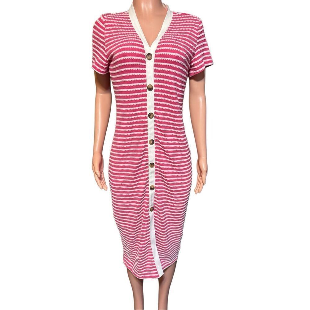 Fashion cami midi striped v neck short sleeve dress M